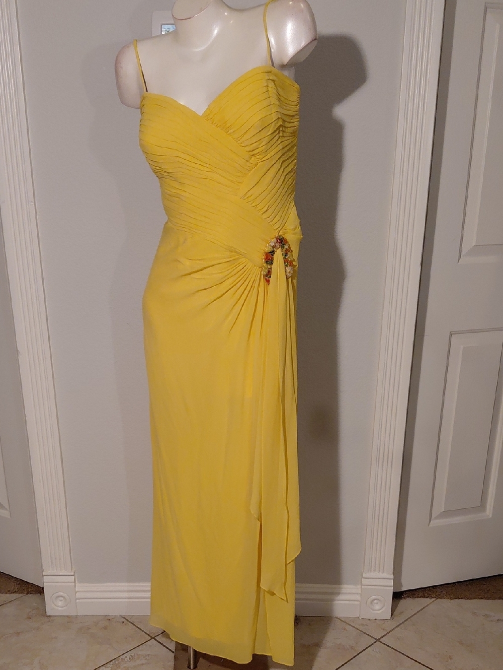 Yellow Ruched Spaghetti Strap Evening Gown
